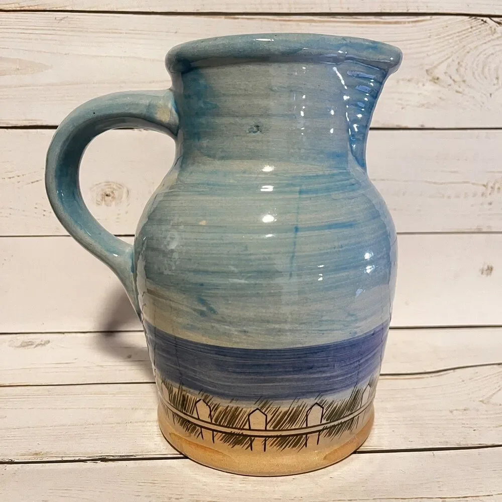 WCL Pottery Jug/Pitcher Painted Nautical Scene Lighthouse Sailboat Coastal 7.75”